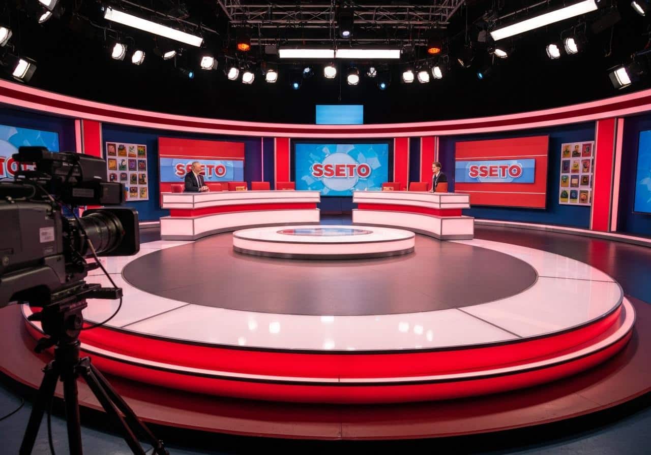 Studio de télévision prêt pour un enregistrement, lumières et gradins vides