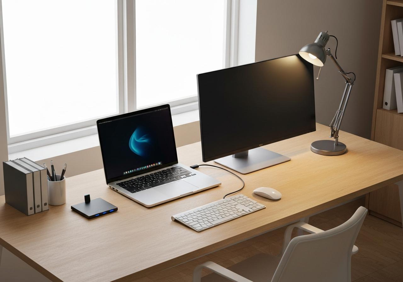 Bureau home office avec ordinateur portable, écran externe et accessoires