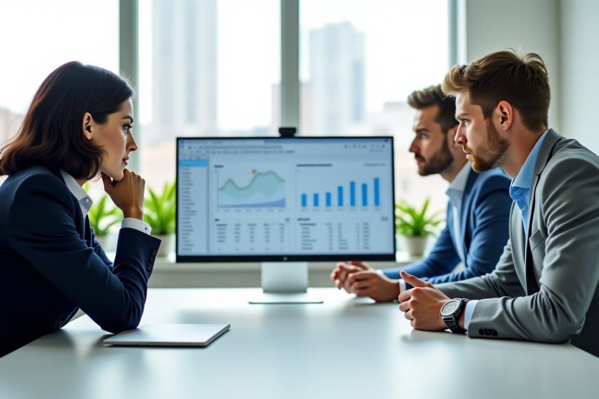 Trois professionnels devant un écran